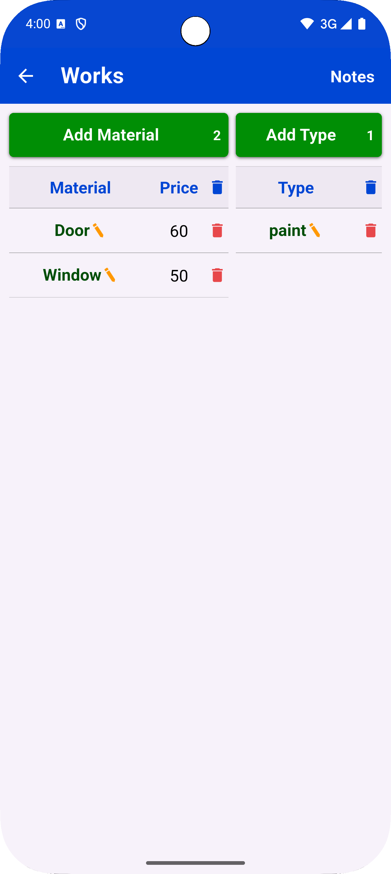 Work Types screen
